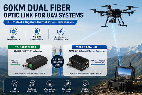 Laatste bedrijfscasus over 60 km dubbele glasvezelverbinding voor UAV-systemen: TTL-besturing + Gigabit Ethernet-videotransmissie