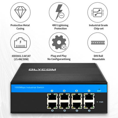 8-poorts PoE Ethernet Switch Industrieel Ongemanaged Netwerk 120W/240W DC48V IP40 Classificatie