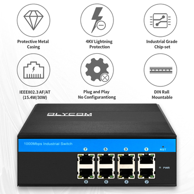 Gigabit Industrial Unmanaged PoE Media Converter 8 Poort 120W 240W DC48V Uitgang