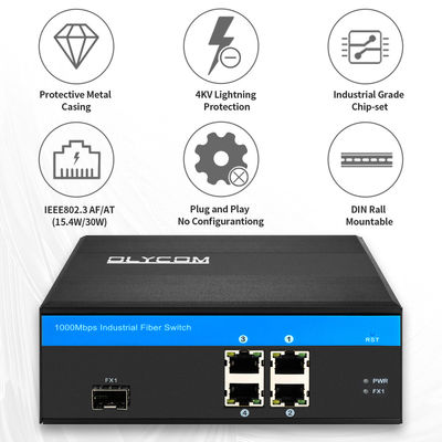 Industriële 5-poorts Gigabit PoE Glasvezel Switch | 120W Stroombudget SFP-sleuf Ongemanaged