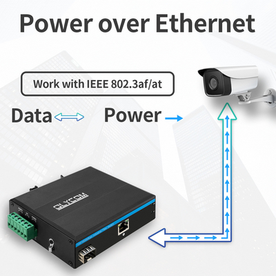 DC48V POE Industrial Media Converter 100/1000m Auto-sensing 2 Poort PSE 15.4W 30W