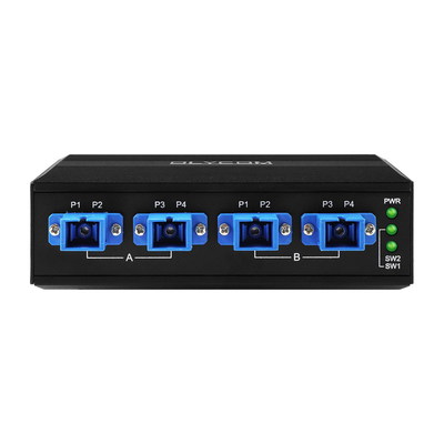 4 PORT OPTICAL BYPASS SCHUITCH SC/UPC CONNECTOR SIMPLEX 1310/1550NM DC24V DIN gemonteerd