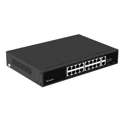16 poort PoE-switch 10/100M Ethernet met 2 SFP/RJ45-uplink voor CCTV-camera's 300W Budget