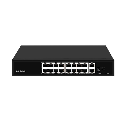 16 poort PoE-switch 10/100M Ethernet met 2 SFP/RJ45-uplink voor CCTV-camera's 300W Budget