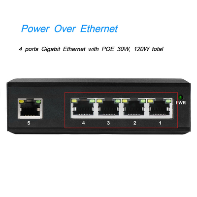 4 poorten POE-spanningsverhoger DC12-48V-ingang voor zonne-energie met 1 uplink-netwerkpoort Schakelaar