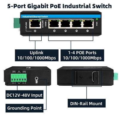 5 poorten gigabit spanningsverhoger 12-48VDC input industriële poe-netwerkschakelaar