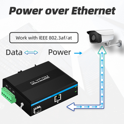Industrial PoE Media Converter Gigabit Ethernet 30W 48V Uitgang Din Rail Onbeheerd
