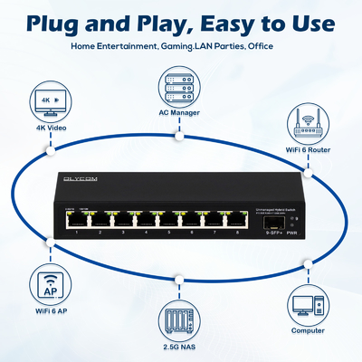 9 Poort Onbeheerde 2.5G Ethernet Switch Met 10G Uplink SFP Port 60Gbps Backplane Bandbreedte
