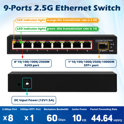 9 Poort Onbeheerde 2.5G Ethernet Switch Met 10G Uplink SFP Port 60Gbps Backplane Bandbreedte