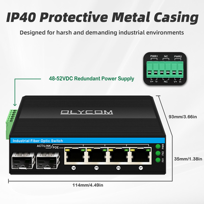 Mini 6-poort gigiabit ethernet-schakelaar poe-schakelaar din rail 2 sfp+ 4 RJ45 DC48-52V dubbele stroominvoer