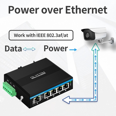 5 poort gigabit poe+ switch E-Mark ethernet switch DC48V dual power input din-rail poe switch