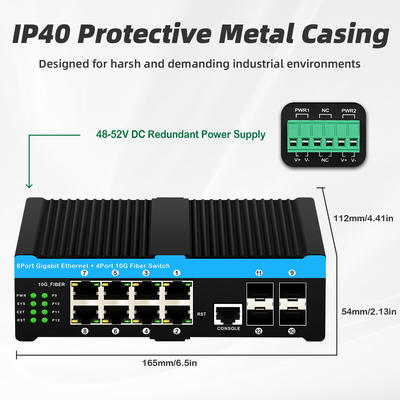 12 poorten 10G L2/L3 Managed Poe+ Switch 4*10G Sfp poorten DC48V Dual Power Input 10g Poe Switch