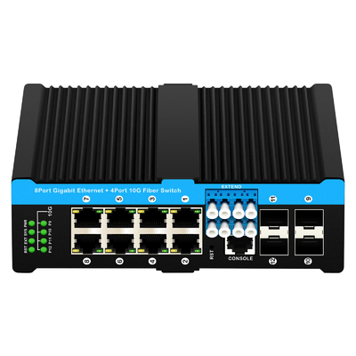 12 poorten 10G L2/L3 managed poe+ switch optische bypass switch 4*10G sfp +8 RJ45 din-rail ethernet switch