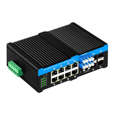 12 poorten 10G L2/L3 managed poe+ switch optische bypass switch 4*10G sfp +8 RJ45 din-rail ethernet switch