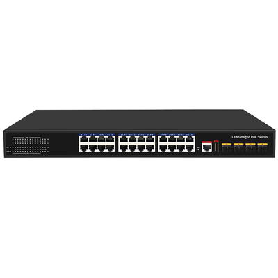 24 poort PoE-switch 10G Fiber300W Budget USB-console L3 beheerde wisselstroom-invoer