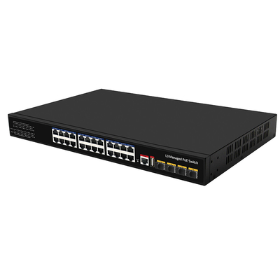 24 poort PoE-switch 10G Fiber300W Budget USB-console L3 beheerde wisselstroom-invoer