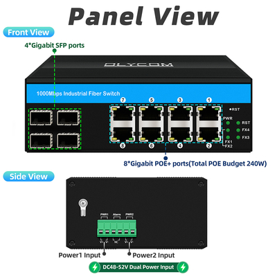 8 poorten gigabit poe-schakelaar industriële ethernetschakelaar 4SFP+8RJ45 DC48V Dual power input