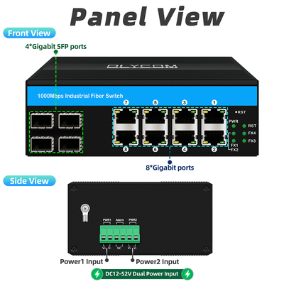 12 poort Industrial Ethernet Switch Din Network Switch 4SFP+8RJ45 DC12-52V Dual Power Supply