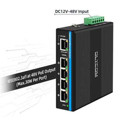 Zonne- of batterijgevoede PoE-switch 4 poorts Gigabit-netwerk Dubbele 12V/24V/48VDC-ingang CE