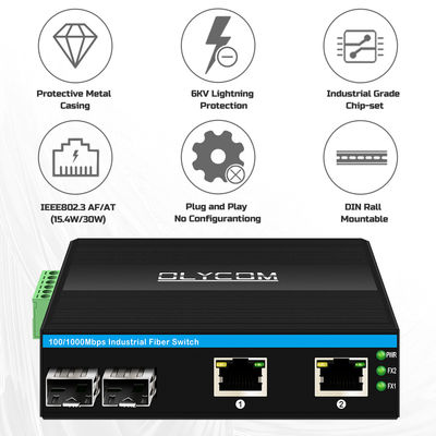 Industriële POE-switch met 2 SFP + 2 RJ45-poorten 6KV overspanningsbeveiliging en DC48V-voeding voor buitengebruik