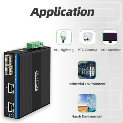 Industriële POE-switch met 2 SFP + 2 RJ45-poorten 6KV overspanningsbeveiliging en DC48V-voeding voor buitengebruik