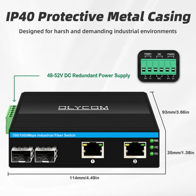 Industriële POE-switch met 2 SFP + 2 RJ45-poorten 6KV overspanningsbeveiliging en DC48V-voeding voor buitengebruik