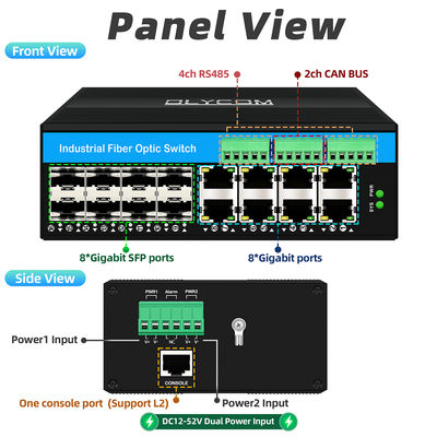 Beheerde Industriële Glasvezel Switch Met CAN Bus RS485 6 Poorts Robuuste Uitvoering Zonder Ventilator IP40 Gecertificeerd