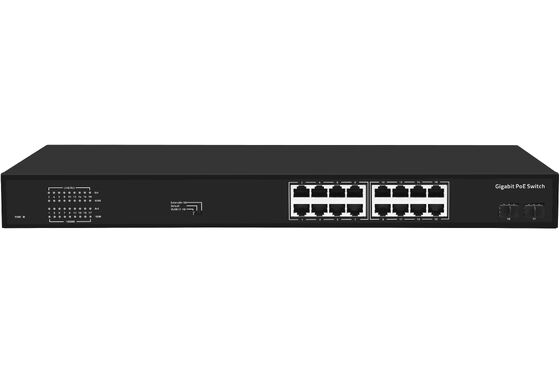16 poorten Gigabit PoE Switch 1G Fiber Uplinks Single AC Input 300W Budget CE Fanless