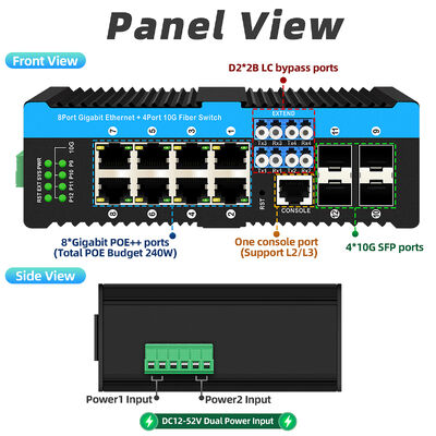 Industrial Fiber Bypass Switch met 4x10G SFP+-poorten en 8x10/100/1000Mbps PoE-poorten voor ruwe omgeving